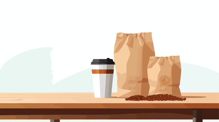 Blank coffee bags and takeaway cup on table against