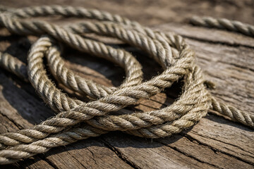 close up of a rope on wooden floor of ship