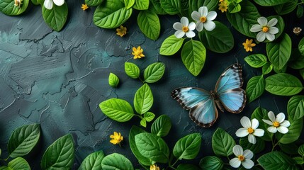 Blue butterfly perches on green leaves and flowers
