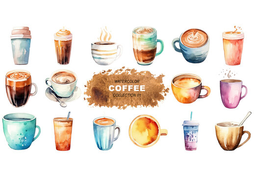 Watercolor painted style coffee cups clipart isolated on transparent background. Created using Generative AI.