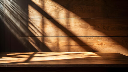 Wooden table with wall background on sunlight window create leaf shadow