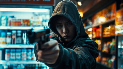 Fototapeta premium Store robbery. A male robber is holding a gun pointed at the camera. The criminal's face is hidden. Robbery, crime, violence.