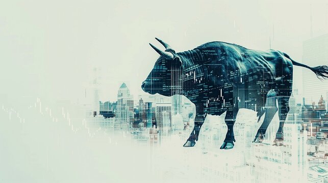 market chart and bull on stock market, technology finance standing back lit success. Double exposure 