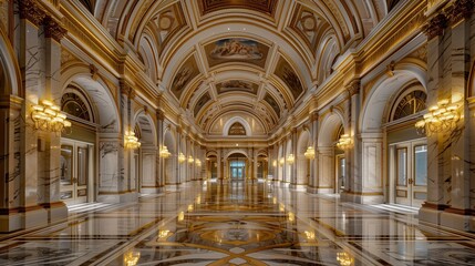 Naklejka premium An opulent marble foyer with a hand-painted ceiling and golden accents