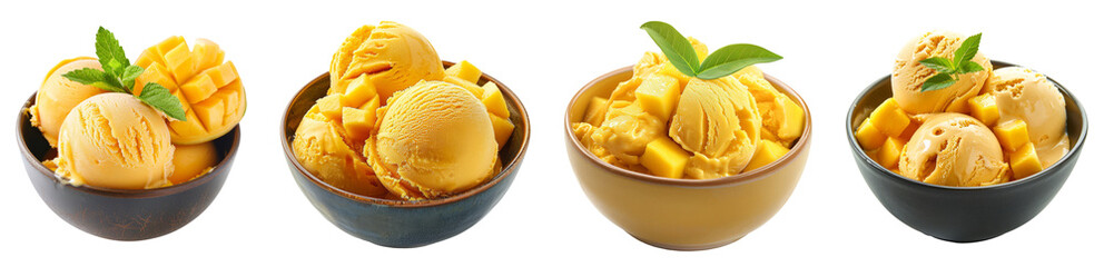 Mango Ice Cream in a Bowl Isolated on Transparent Background.