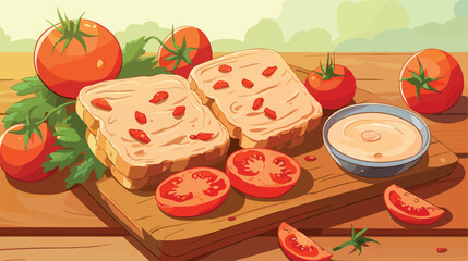 Board of toasts with tasty pate and tomatoes on lig