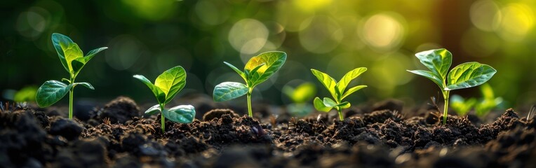Small green plants sprouting and growing in dark soil - Powered by Adobe
