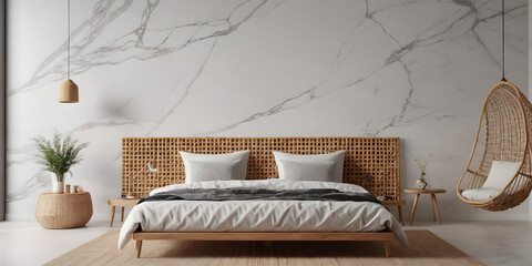 Modern bedroom interior mock up, wooden rattan bed on empty marble wall background