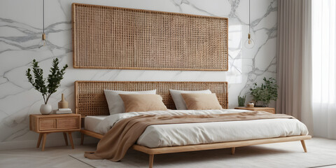 Modern bedroom interior mock up, wooden rattan bed on empty marble wall background