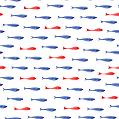 Seamless pattern with watercolor blue and red fishes. Underwater background. Marine theme. Good for wrapping paper, textile, prints and other.