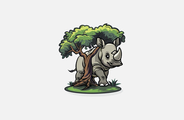 Rhino and Tree vector illustration flat design logo