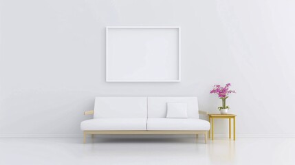 Elegant, beige sofa in an empty white interior with art above the sofa and a wooden tripod lamp by a window