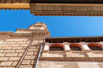 Fototapeta premium San Miguel Parish Facade. Corella, Navarra. Upward view