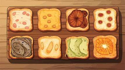 Board with tasty toasts on wooden background closeu