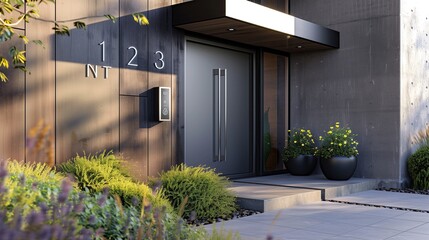 A contemporary home entrance with a smart door lock and sleek house numbers