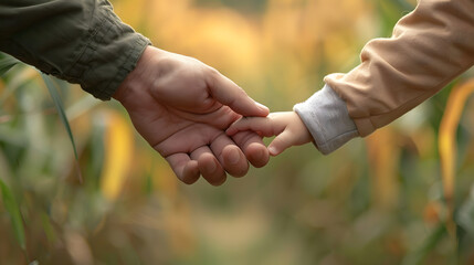 Hand of adult man holding little child's hand with love and care, blur outdoor background