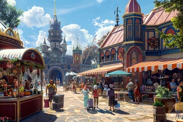 A bustling market square at Joyland's entrance, filled with vendors selling souvenirs, snacks, and...