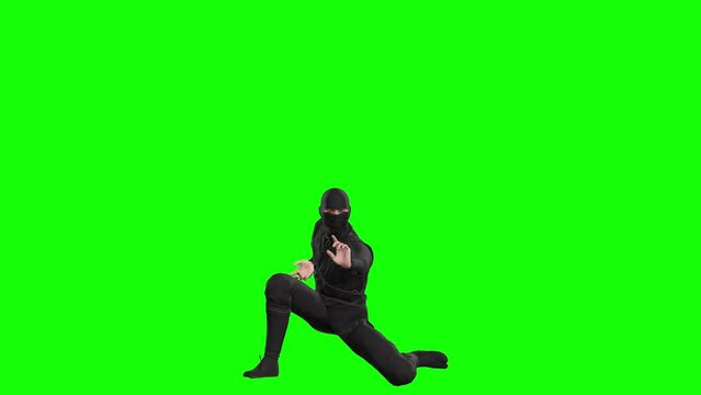 3D ninja shinobi character performing air kick on green screen seamless loop 3D animation, front view. You can easily key out (remove) the green screen with just one click using any video editor.