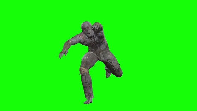 3D male zombie running with hands up on green screen seamless loop 3D animation, front view. You can easily key out (remove) the green screen with just one click using any video editor.