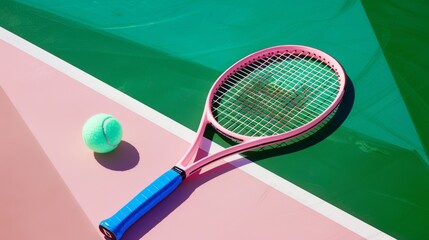 Side view of creative design of pink tennis racket and blue ball against green sports ground with shadow in daylight 