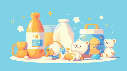 Bottle of milk for baby pacifier and toys on table