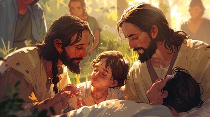 A painting of Jesus and two children