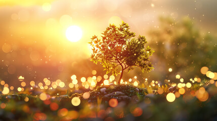 a youthful tree stands tall against the backdrop of a sunrise, its leaves aglow with the promise of a new day, while delicate bokeh lights dance around, highlighting the seamless integration of techno - Powered by Adobe