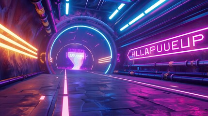 Obraz premium A futuristic tunnel entrance with neon lights and a holographic welcome sign