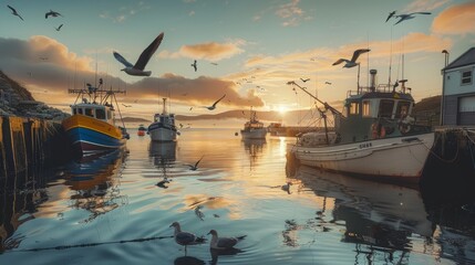 A serene harbor at dawn, with fishing boats anchored along the quay and seagulls soaring gracefully overhead in the soft light of morning - obrazy, fototapety, plakaty