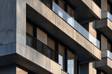 A close-up view of a tall building with multiple balconies, showcasing its modern architectural design