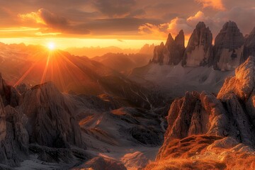The sun is setting over a mountain range, casting a warm golden glow on the peaks and valleys