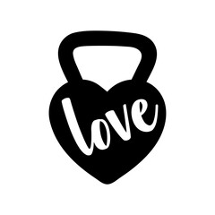 Logo club fitness. I love fitness. Silueta de pesa rusa con forma de corazón y palabra love