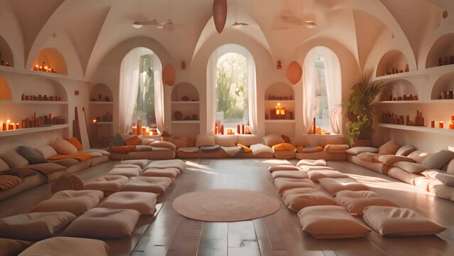 This Zen yoga studio with mats and props invites practitioners to find inner peace.