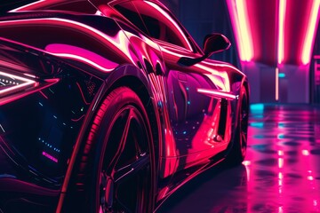 A modern car parked inside a garage illuminated by vibrant neon lights, creating a striking visual contrast