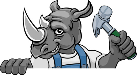 A rhino cartoon animal mascot carpenter or handyman builder construction maintenance contractor peeking around a sign holding a hammer