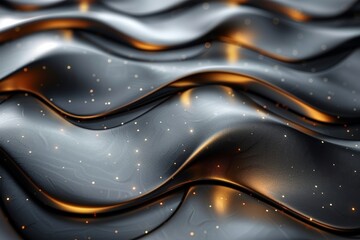 An artistic close-up of a wavy black silk cloth, sprinkled with glittering golden particles