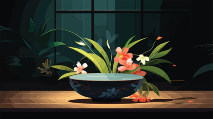 Bowl with beautiful ikebana on floor in dark room 2