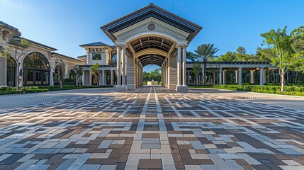 Fototapeta premium A grand entrance with a porte-coch??re and a patterned brick driveway