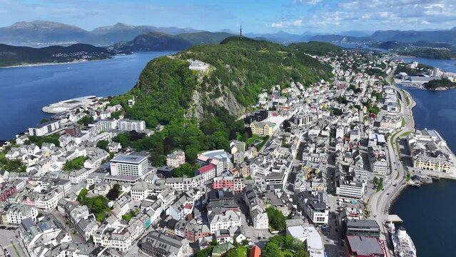 Alesund Norway, Aerial View of Picturesque City, Islands, Buildings and Viewpoint on Green Hill, Drone Sho 60fps