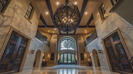 Obraz premium A grand entry with a high ceiling and a large, intricate wrought iron pendant light