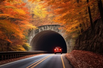 Autumn drive through a tunnel of changing leaves.