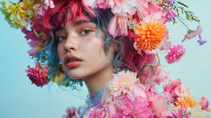 Face in flowers. A youthful female model surrounded by a floral display, epitomizing a high-fashion editorial look with her face embellished by blossoms. Her face immersed in flowers.