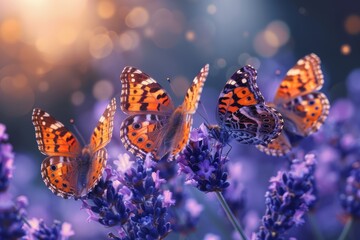 Colorful painted lady butterflies with their wings wide open on lavender flowers, showcasing the...