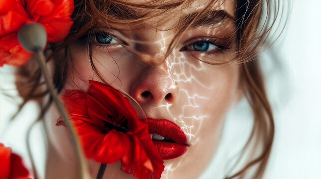 Face in red flowers. A youthful female model surrounded by a floral display, epitomizing a high-fashion editorial look with her face embellished by blossoms. Her face immersed in flowers.
