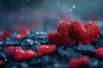 Deep red heart shapes covered in water droplets symbolize enduring love and passion on a dark, contrasting background
