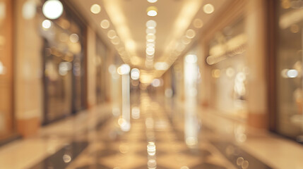 Blurry view of a well-lit corridor, shopping mall or hotel, with lights reflecting on the floor, blurred image of a long hallway