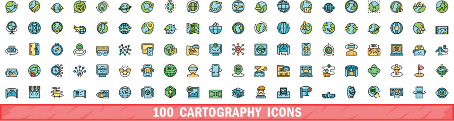 100 cartography icons set. Color line set of cartography vector icons thin line color flat on white