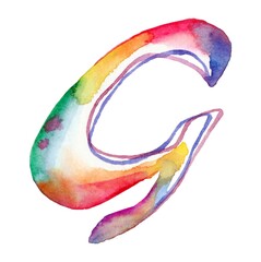 A large, vibrant rainbow watercolor letter "G" pops against a pristine white background, exuding energy and creativity with its dynamic blend of colorful hues and fluid strokes.