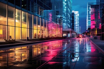 Fototapeta premium Drive through a tech district with illuminated glass buildings.