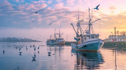 A serene harbor scene in the early morning light, with fishing boats gently rocking on the calm waters and the first light of dawn painting the sky in soft pastel hues - obrazy, fototapety, plakaty